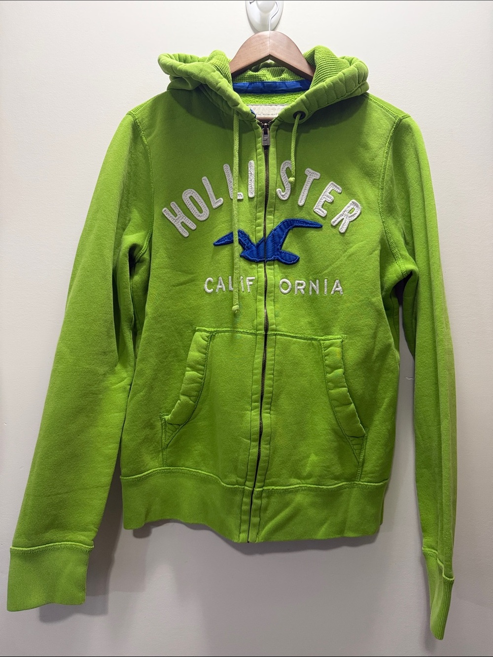 Y2K Hollister Bright Green Zip-Up Hoodie with Blue Logo Size L 26x23